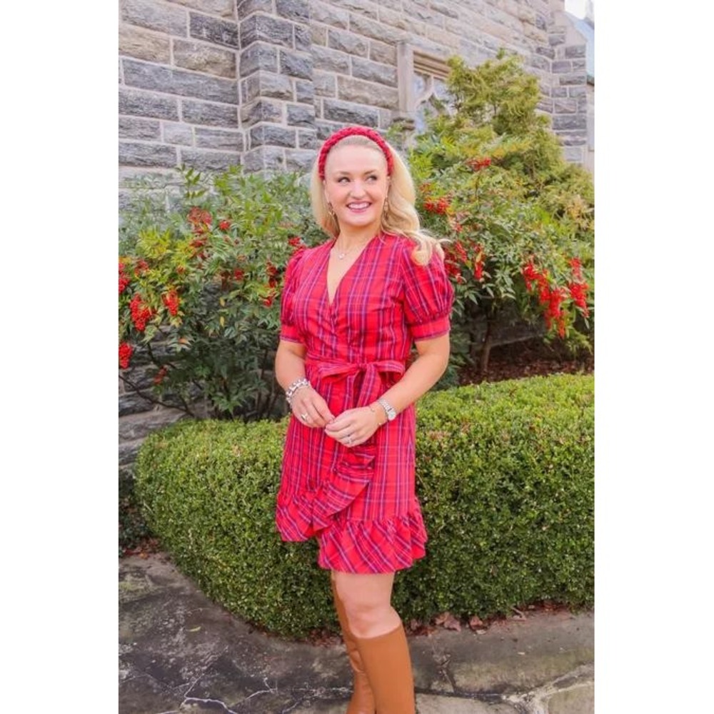 Draper James Red Holiday Plaid Wrap Dress Puff Sleeve Ruffle Hem DRW1018 Size 8